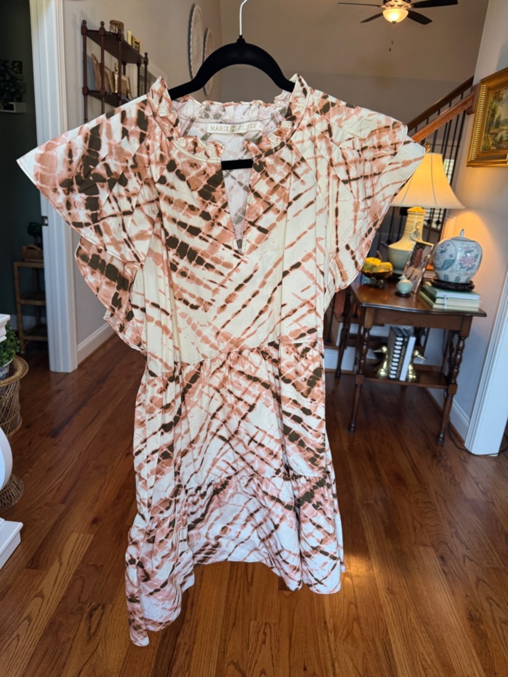 Marie Oliver Tie-Dye Flutter Sleeve Dress in Blush & Brown and cream